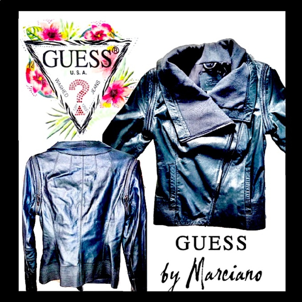 Guess Marciano Dark Slate Grey Leather Jacket, Unzip removable sleeves.
